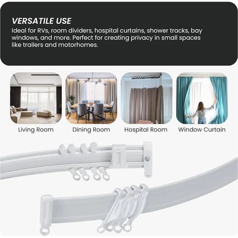 Ensemble de rails de rideaux silencieux en PVC épais de 4 mètres, rails en forme de U et de L, comprenant 28 poulies, 9 supports de montage et tous les accessoires.