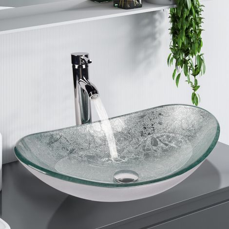Puluomis Bathroom Sink Combo Set, Tempered Glass Basin, Hand-painting Washbowl, with Chrome Tap, Waste, Water Supply Lines, Silver (1/5)