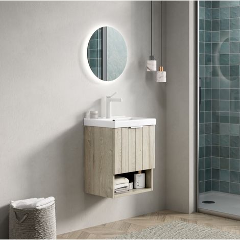Wandhängender Waschtischunterschrank 42 x 32 x 48 cm, weiß, Holzoptik – MEUBLIV (1/5)