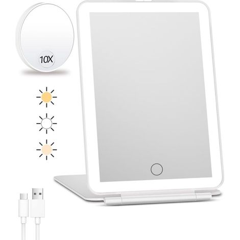 Miroir de Maquillage de Voyage Rechargeable Avec Lumières - Grossissant x10, Portable Avec 80 LED, Batterie 2000 mAh, Éclairage 3 Couleurs, Gradation