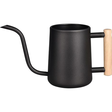 Annaffiatoio da 1000 ml in acciaio inox per uso interno, con beccuccio lungo e manico in legno, ideale per piante in vaso e uffici (nero) (1/5)