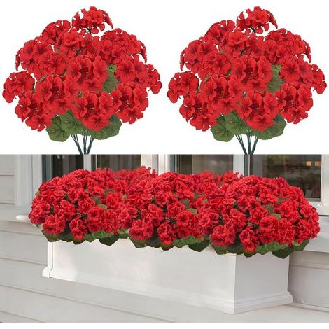 Ramo de 6 geranios artificiales Flores artificiales Geranios artificiales para exteriores Rojo Resistente a los rayos UV Flores artificiales，Rojo (1/5)