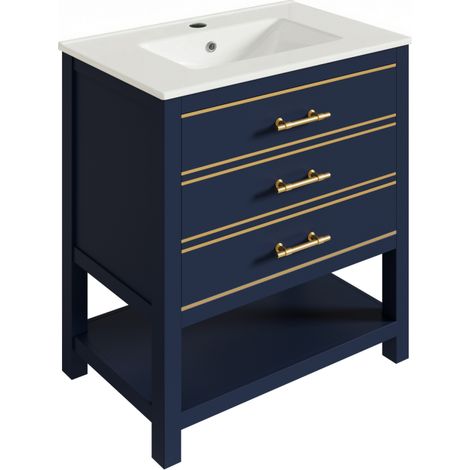 Meuble sous lavabo avec lavabo en céramique, Meuble sous vasque avec 2 tiroirs et étagère ouverte, 76x46,5x86 cm (1/5)