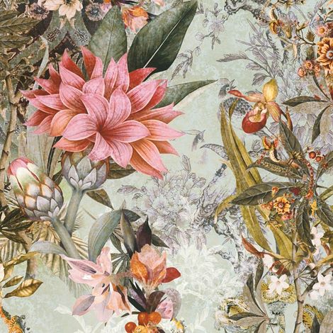 Blumen Tapete Profhome 381771 glatte Vliestapete ohne Struktur mit floralen Ornamenten matt grün rosa gelb oliv-grau 5,33 m2
