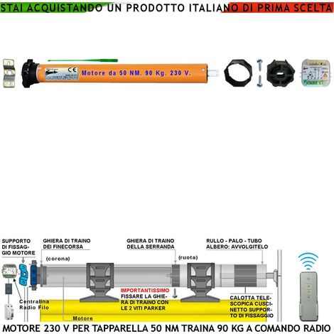 Serranda Avvolgibile 90 KG Kit Motore 230 V 220 W 50 Nm Con Centrale Comando Radio Sistema Blocco Sollevamento Telo Fine Corsa Regolabili Per Tubo Ottagonale Diametro 60 mm Protezione Termica 135°