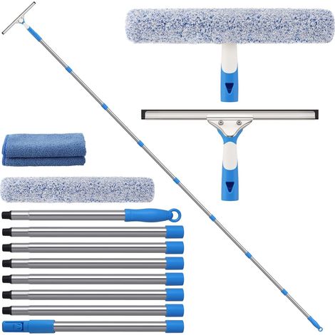 Limpiacristales con mango largo (300 cm), limpiacristales con hoja de silicona y cepillo de microfibra, limpiacristales de acero inoxidable, kit profesional de limpieza de ventanas para ventanas y coc