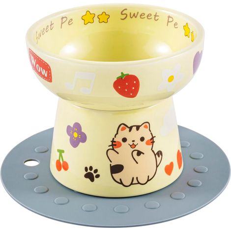 Raised Ceramic Cat Bowl with Anti-Slip Pad, Cat Food Container, Raised Cat Pattern, Bowls with Stand, Candy Colors, 12.2 cm, Yellow (1/5)