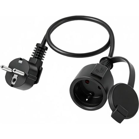 Rallonge avec Câble d'Contact de Protection, 250V/16A Schuko Câble d'alimentation Fiche de Contact de Protection Type F (CEE 7/7) Coudé à 90° par Rapport à la Prise (CEE 7/7)- Noir (0.5M) (1/5)