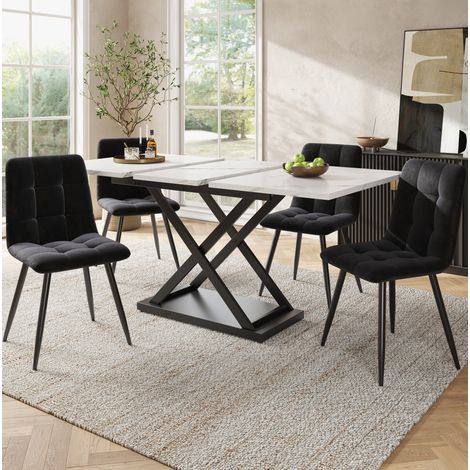 Ausziehbarer Esstisch 160x80x75 cm MDF Weiß/Schwarz mit 4 Stühlen – MEUBLIV (1/5)