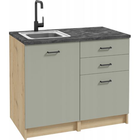 Ensemble de meubles de cuisine 100 x 60 cm – Chêne artisan et vert eucalyptus – Construction adaptée pour évier ou plaque de cuisson (1/5)