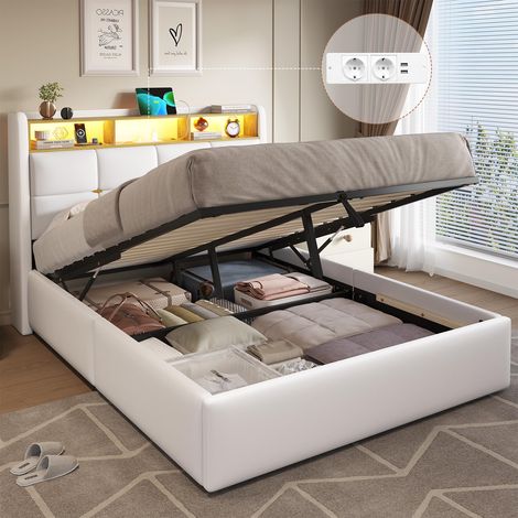 Lit Coffre 140x190 avec Lumières LED et Prise Cadre de Lit 140x190 avec Sommier et Rangement,lit 2 Personnes 140 x 190 avec Tete de Lits,Lits Rembourré en Lin pour Adulte,Blanc-sans Matelas (1/5)