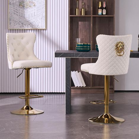 Samt Barhocker 2er Set, höhenverstellbar mit Lehne und Löwenring, gold-weiß (1/5)