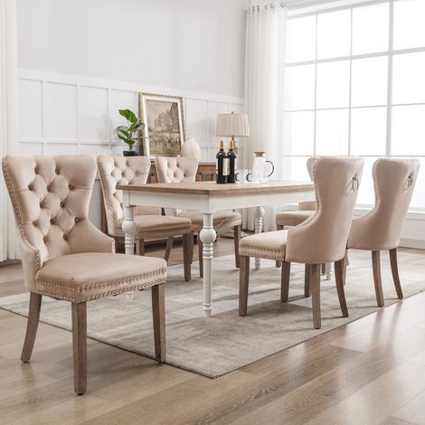 Set di 6 sedie da pranzo - con decorazioni borchiate - struttura in legno massello - velluto - sedia da pranzo moderna imbottita - Beige