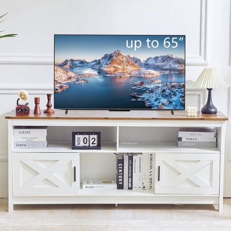 Meuble TV - JHK - Armoire de rangement - 3 étagères ouvertes - Prise de courant intégrée - Style campagne