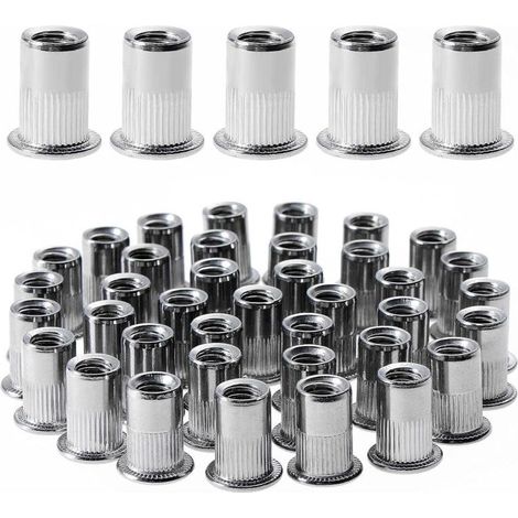 100pcs M6 Flat Head Threaded Rivet Nuts, Stainless Steel Threaded Rivet Nuts, Threaded Inserts for Plastic (12mm15mm) (1/5)