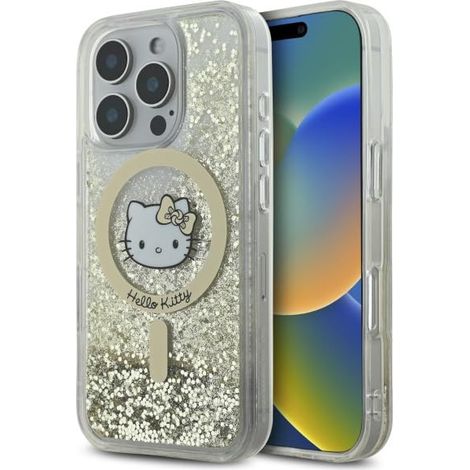 Coque rigide Hello Kitty HKHMP16LLGDIH pour iPhone 16 Pro 6,3" blanc or, finition Liquid Glitter Fever, compatible MagSafe