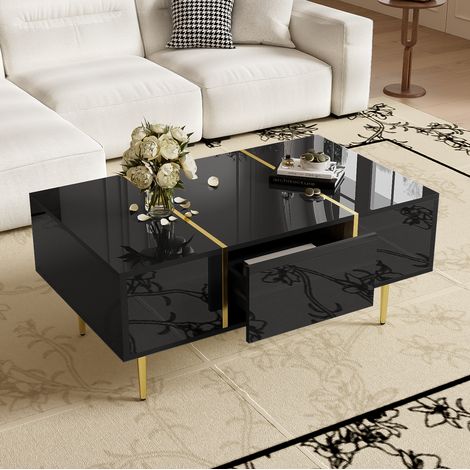 Table basse en MDF noir brillant 100 cm avec 2 tiroirs (1/5)