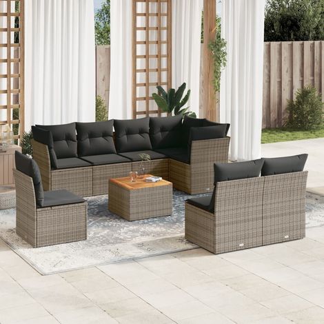 Ensemble de Salon Jardin 9 pièces en Résine Tressée Gris avec Coussins et Table Acacia (1/5)