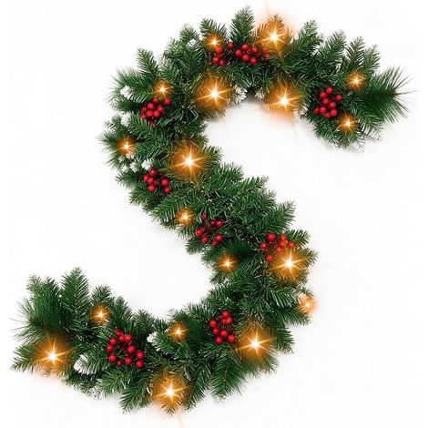 Guirlande de Noël 2.7m, Guirlande Sapin Artificiel avec 18 grappes Rouges,30 LED Lumières Blanc Chaud étanche, pour décoration Cheminée Porte Escalier (1/5)