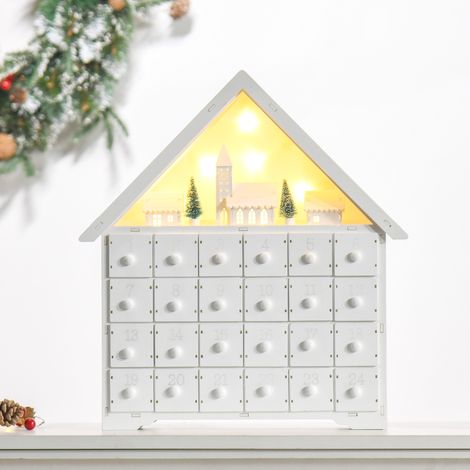 Calendario de Adviento de Navidad Madera con 24 Cajones y Luces LED Decoración Navideña Modelo Casita 39x9x42 cm Blanco (1/5)