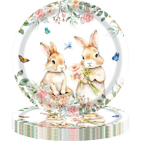 Assiettes En Carton - Thème Pâques Lapin Fleur De Printemps - 20 Pièces - Diamètre 23 Cm - Pour Réception Printanière Brunch Anniversaire (1/4)