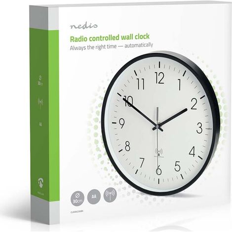 Nedis Wanduhr / Durchmesser: 300 mm / Kunststoff / Funkgesteuerte Zeit / Leise Bewegung / Schwarz / Weiss