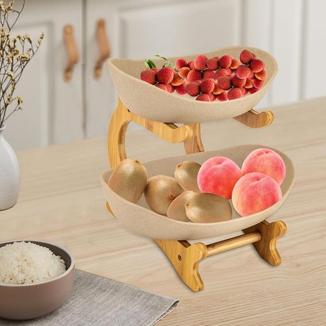 2 Tier Fruit Basket Ceramic Fruit Bowl for Kitchen with Bamboo Stand Two Tier Vegetable Storage Stand Holder for Kitchen Counter Yuanbao Holder for Snack, Bread - Khaki (1/5)