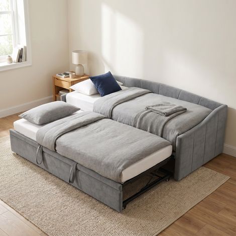 Schlafsofa, Tagesbett Ausziehbett 90x200/180x200 cm, Samt, Grau (1/5)