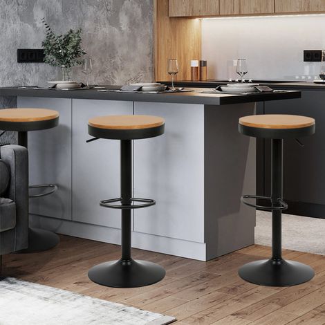 Lot de 2 Tabourets de Bar avec Siège Rond en Bois et Cadre Métallique, Hauteur Réglable, Pivotant à 360 Degrés (Noir Marron) (1/5)