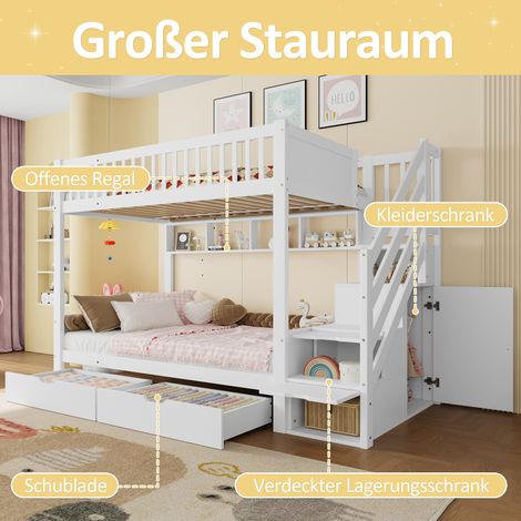 Lit superposé 90x200 cm blanc avec tiroir, étagère, armoire et rangement, sans matelas, pour enfant (1/4)