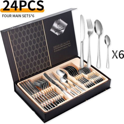 Ensemble de 24 couverts en acier inoxydable – service pour 6 personnes – acier inoxydable – argent (1/4)