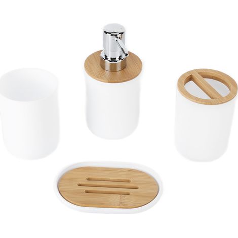 Ensemble de 4 accessoires de salle de bain en bambou imperméable et durable, avec gobelet pour brosse à dents, idéal pour la maison ou l'hôtel (blanc). (1/5)