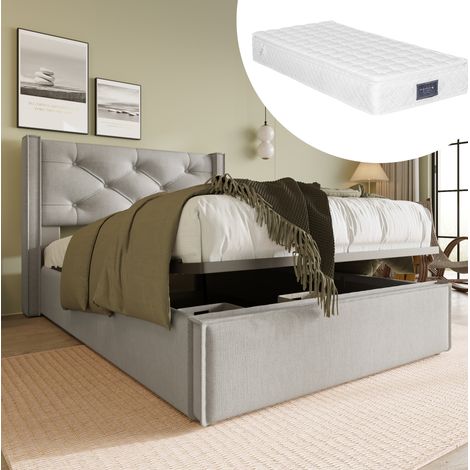 Cama con espacio de almacenamiento tapizada en algodón gris claro 90x200 cm, somier de láminas y colchón incluido (1/5)