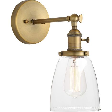 Lámpara de pared retro con interruptor, pantalla de cristal transparente, material de latón, estilo industrial. (1/4)