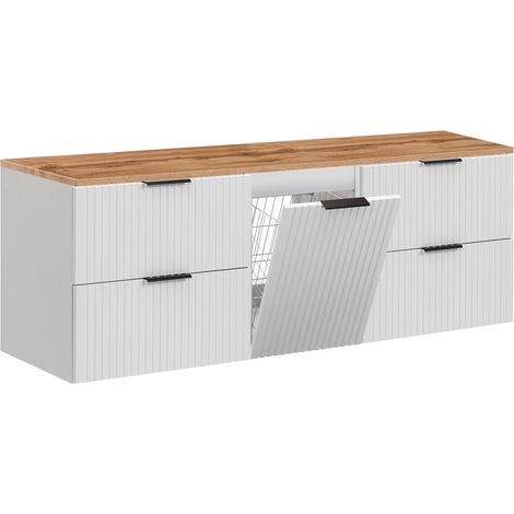Furnidea - Meuble suspendu sous vasque ADEL BLANC 160 cm avec panier à linge et plan chêne - 4 tiroirs - Façades rainurées (1/5)