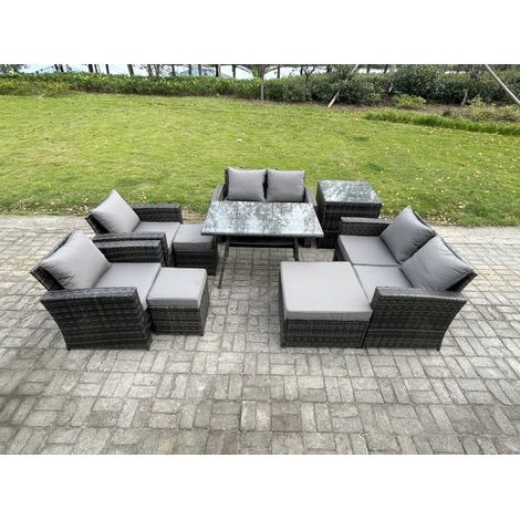 Fimous Garden Furniture Sets 9 Pieces Wicker Rattan Furniture Manual Wicker Patio Sofa Patio Conversation Set with 3 Footstools Side Table Dark Grey Mixed (1/5)