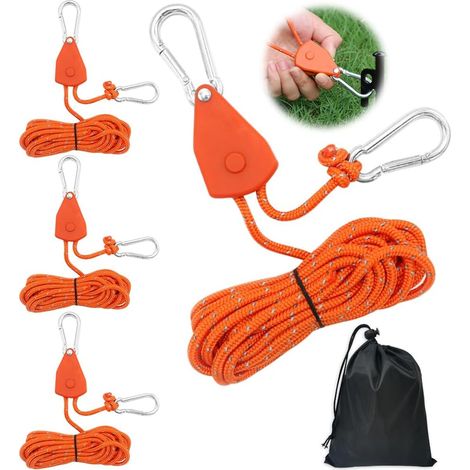 4 cordes de tente réfléchissantes, 4 m avec crochets, sangle à cliquet en nylon réglable pour auvent, bâche, camping. (1/5)