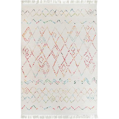 Tapis moderne polyester durable et coloré - Arc-en-ciel géométrique sur fond blanc (1/4)