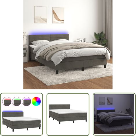 The Living Store Sommier à lattes de lit avec matelas LED Gris foncé 140x190 cm - Lit Capitonné - Lit Design - Lit Avec Éclairage Led - Matelas À Ressorts Ensachés - Tête De Lit Ajustable (1/5)