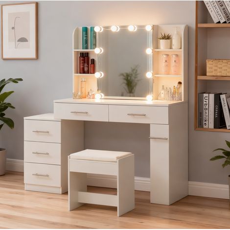 Tocador de MDF blanco con espejo, cajones, LED y taburete acolchado (1/5)