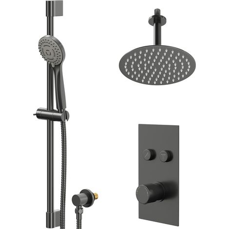 Colore Round Gunmetal Grey Push Button Diverter Concealed Thermostatic Shower Valve and 200mm Fixed Head with 150mm Ceiling Arm and Slide Rail Kit - 2 Outlet (1/5)