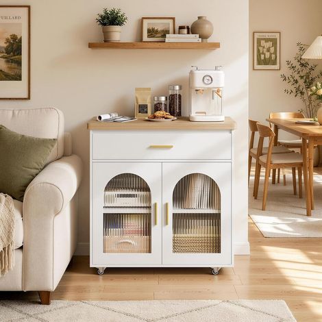 WOLTU Carrito de cocina con ruedas giratorias de 360°, estante abatible, aparador de cocina de madera moderno y elegante, color roble claro y blanco (1/5)