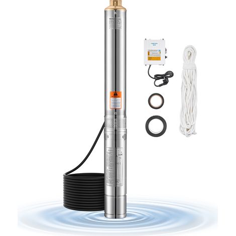 VEVOR Pompe immergee pour puits profond, 550 W, pompe a eau en acier inox, debit 65 L/min, hauteur de 85 m, avec cordon 20 m, boitier de commande externe, IP68, pour maison, irrigation industrielle