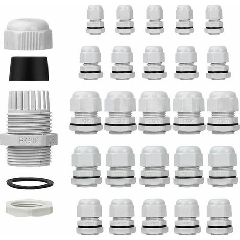 Lot de 25 presse-étoupes étanches - Réglables - PG7 PG9 PG11 PG13.5 PG16 - Connecteurs de câble - Écrous de remplissage - Joints en plastique avec rondelle - Blanc (1/5)
