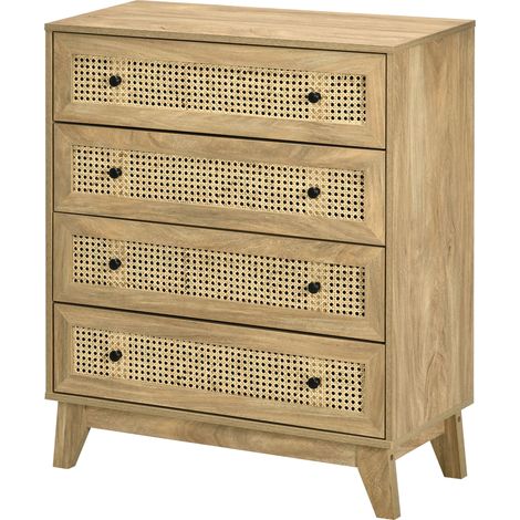 HOMCOM Cassettiera 4 Cassetti Stile Boho in Rattan 80x35x95 cm Legno Naturale (1/5)