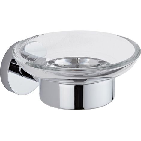 GROOFOO-Modern Round Wall Mounted Bathroom Glass Soap Dish with Chrome Holder (1/5)