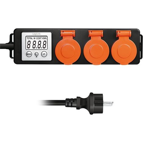 Verlängerungskabel, Steckdosenleiste mit 3 Steckdosen, Energiezähler, 1,4 m, LCD-Display, CEE7/3, LogiLink, IP44 (1/5)