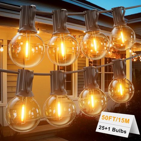 Guirlande lumineuse extérieure 15M avec 25+2 LED G40 2700K Blanc Chaud IP45 Imperméable pour Jardin, Terrasse et Fêtes (1/5)