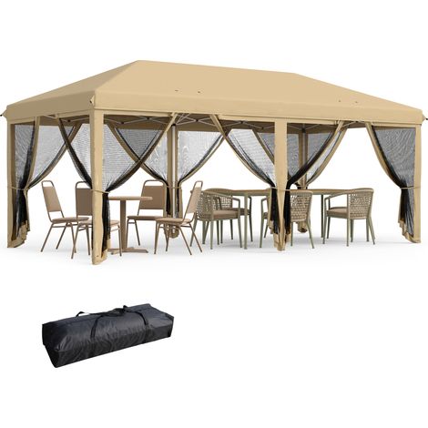 Gazebo da Giardino 6x3m Pieghevole con Zanzariera, Altezza Regolabile e Borsa di Trasporto, Beige