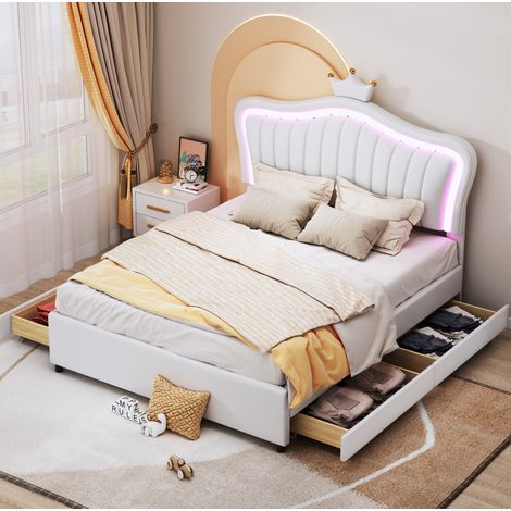 Bett Kinderbett Stauraum 140x200 mit LED Weiß OKMYHOME